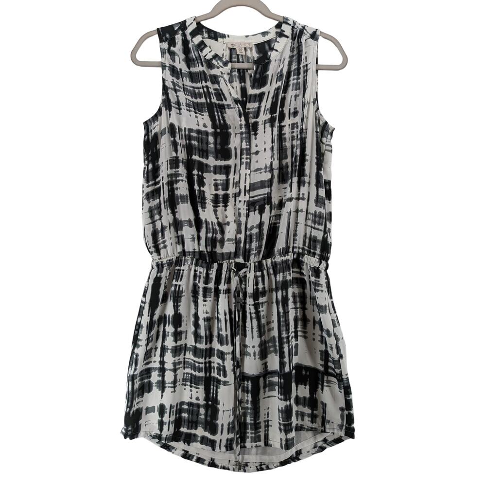 Lila Rose Abstract Print Dress Small Black White Cinched Waist Sheath Sundress